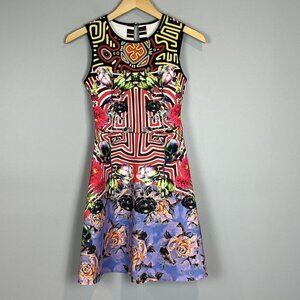 Clover Canyon Neoprene Dress Abstract Print Roses Fit Flare Cutout Back XS NWT